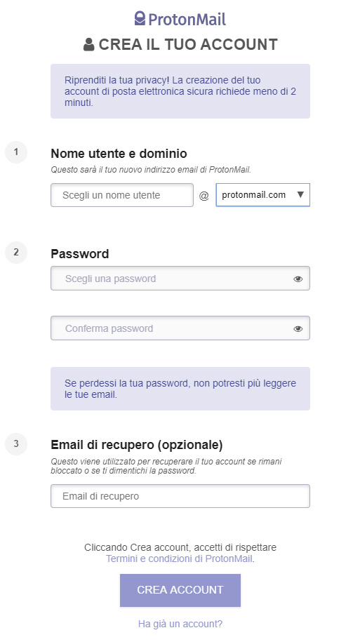 Crea un account ProtonMail