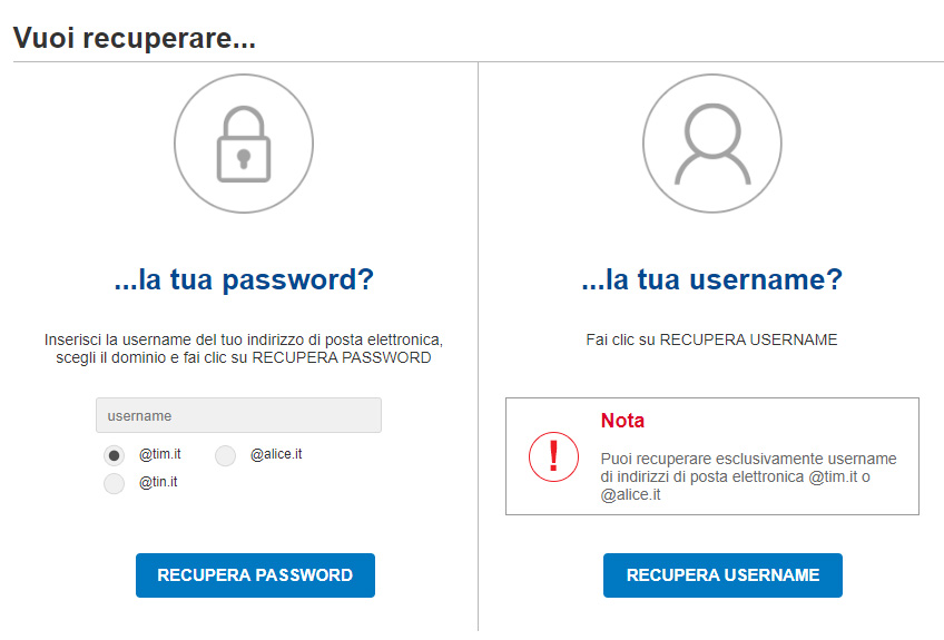 TIM Mail: Recupera Username o Password